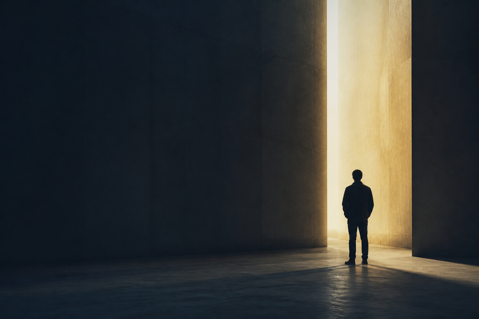 Una persona ante una apertura de luz en un espacio arquitectónico contemporáneo