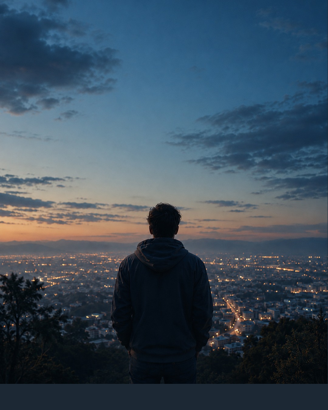 Una persona contempla una ciudad desde un mirador al anochecer